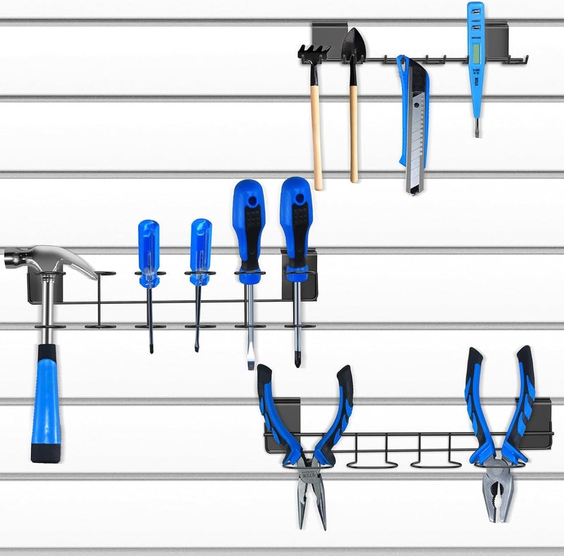 BeapTcely 6 Pcs Slatwall Screwdriver Holders Slatwall Plier Holders Stainless Steel Slat Wall Tool Utility Hooks Accessories Shelving Display Multi-Ring Tool Organizer Racks for Shop Store (6, Black) - Image 3